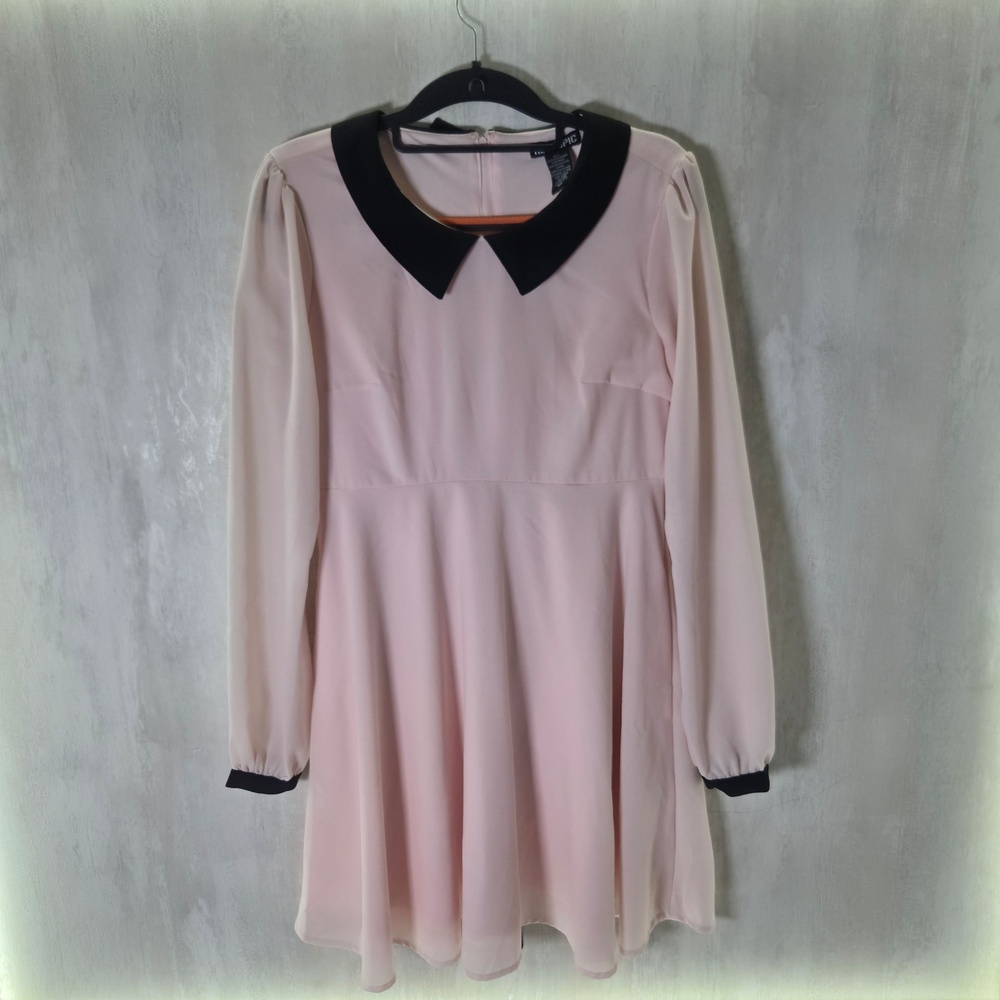 Hot Topic Dress Womens M Pink Chiffon Collared Long Sleeve Short Fit & Flare